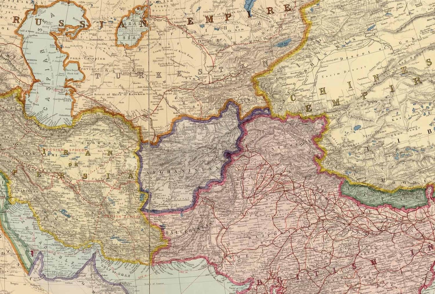 A pre-First World War map shows Afghanistan’s prominence in Central Asia , 1912 (Universal Images Group via Getty Images)