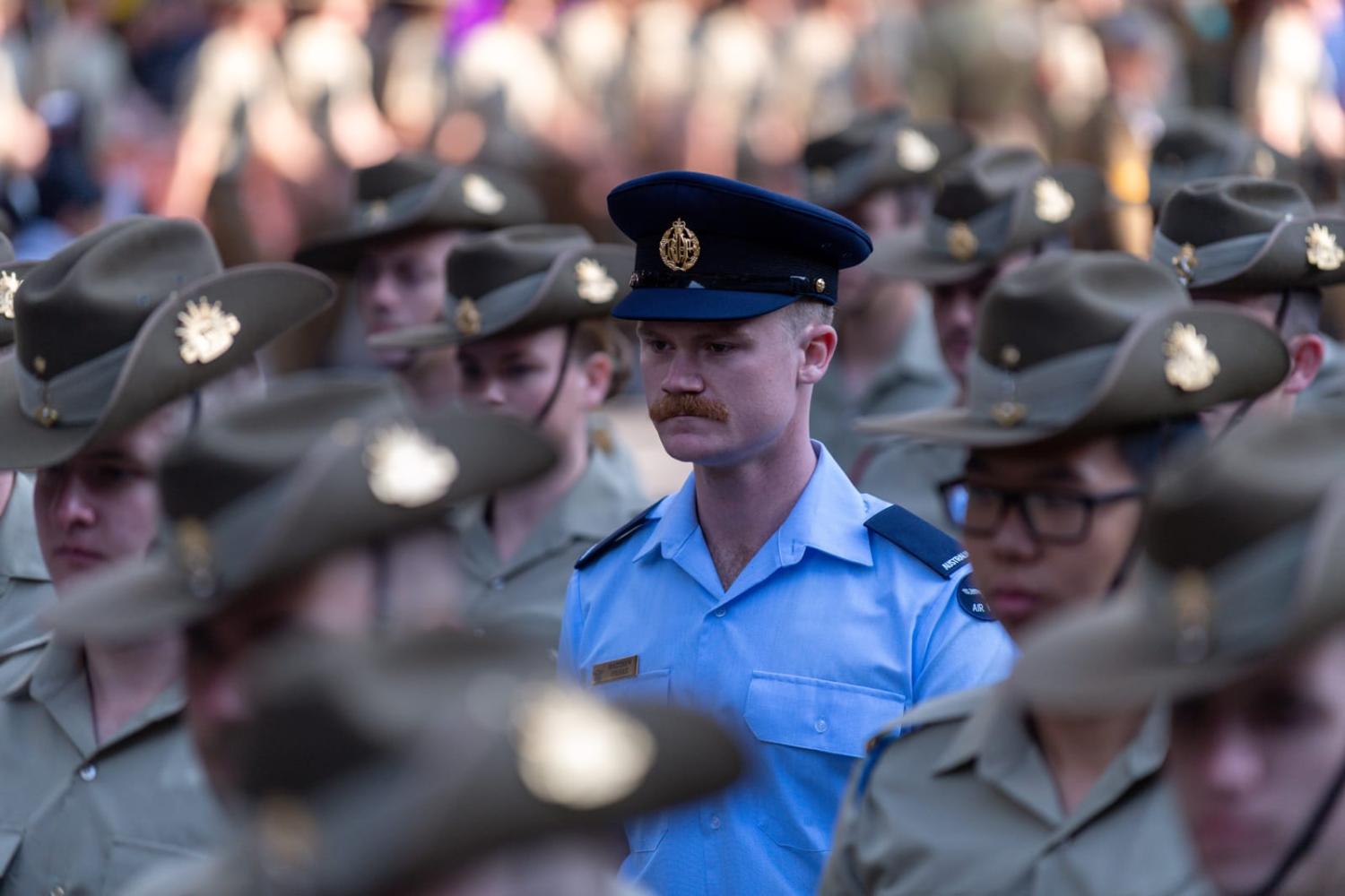 Australian Defence Force personnel march down Swanston Street towards the Shrine of Remembrance during the Anzac Day 2022 parade in Melbourne (Michael Currie/Defence Department)