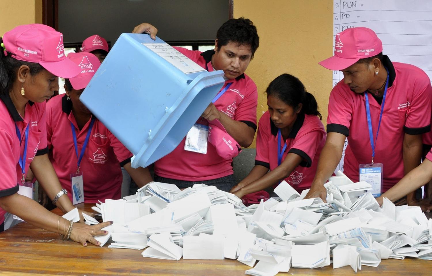Parliamentary election officials empty a ballot box in Dili, 7 July 2012 ( Valentino Dariell De Sousa/AFP via Getty Images)