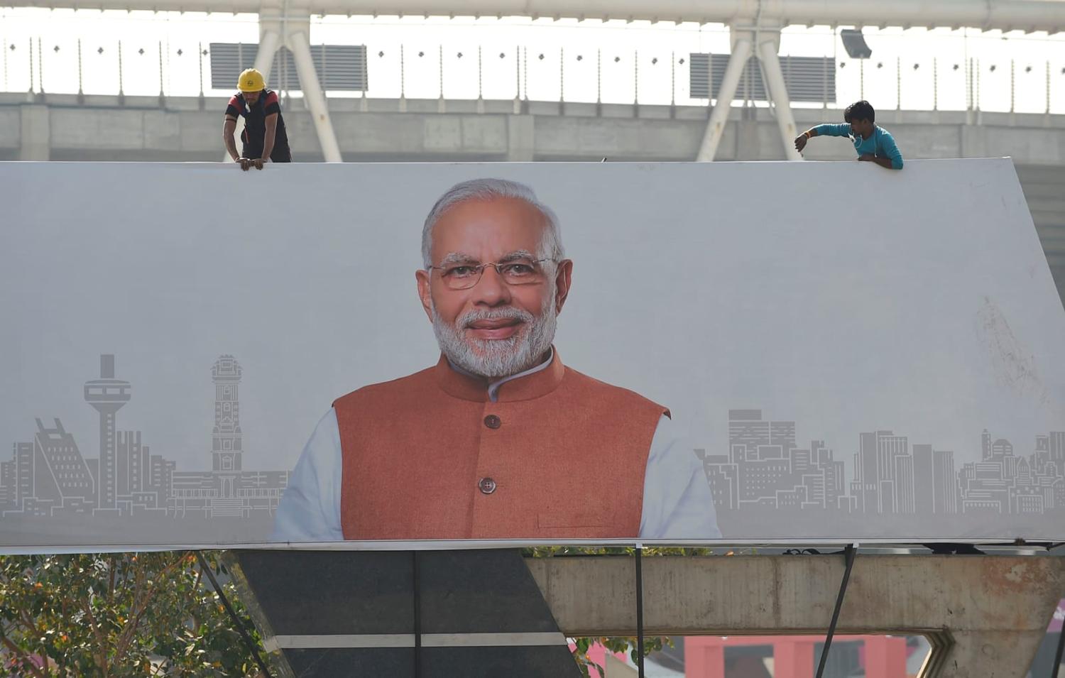 A giant billboard featuring Indian Prime Minister Narendra Modi in Ahmedabad, 2020 (Sam Panthaky/AFP via Getty Images)