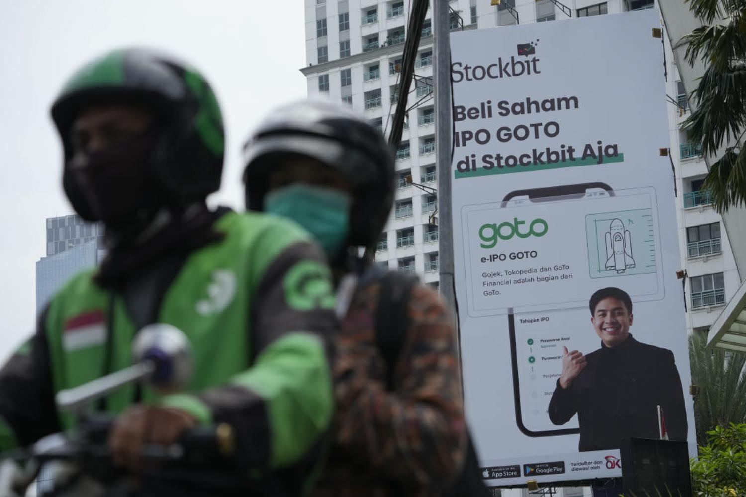Advertising GOTO's initial public offering in Jakarta last year, the super-app formed through the merger of Gojek with e-commerce pioneer Tokopedia (Dimas Ardian/Bloomberg via Getty Images)