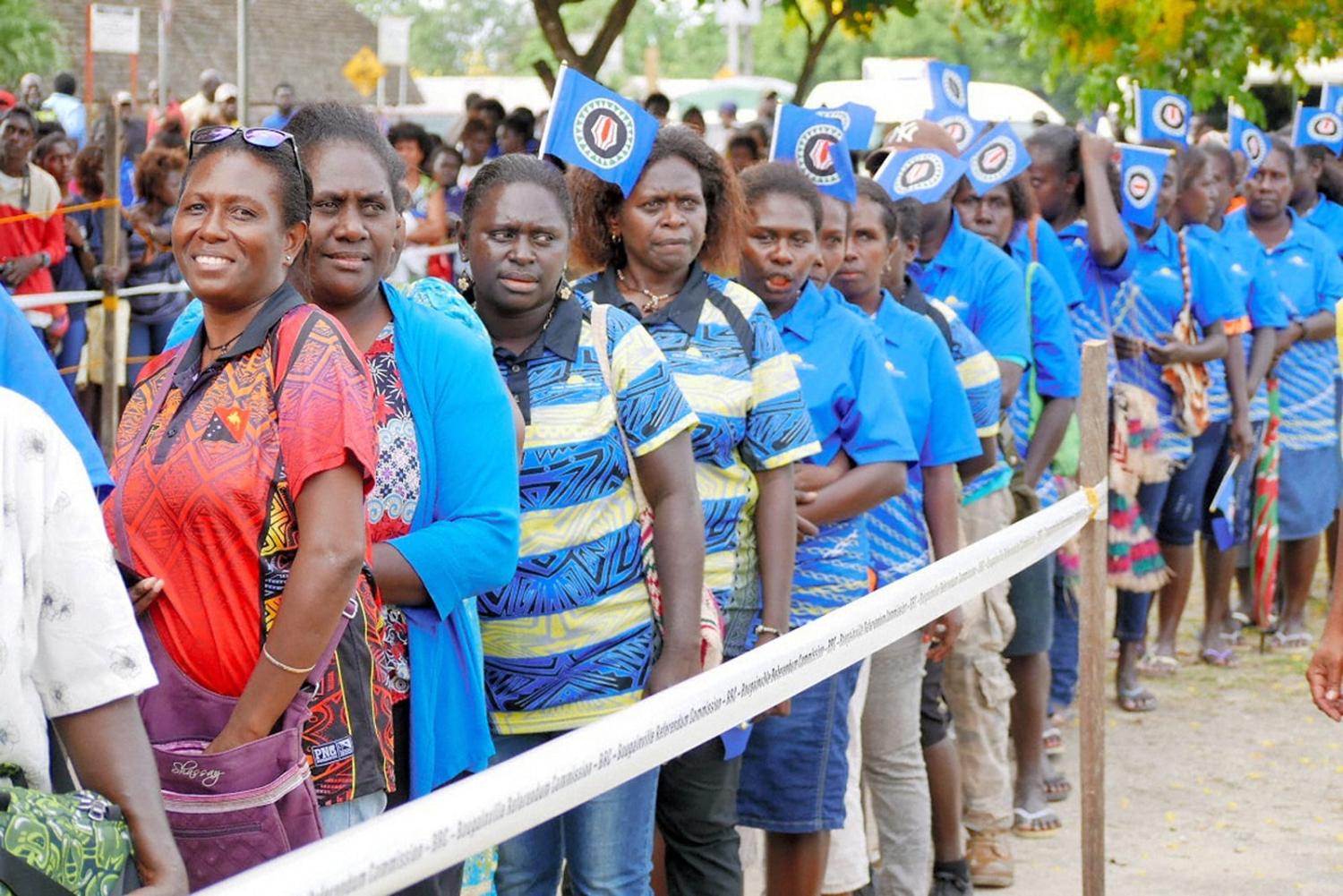 Voters in Buka queue to cast their ballots during the November 2019 Bougainville independence referendum (The Asahi Shimbun via Getty Images)