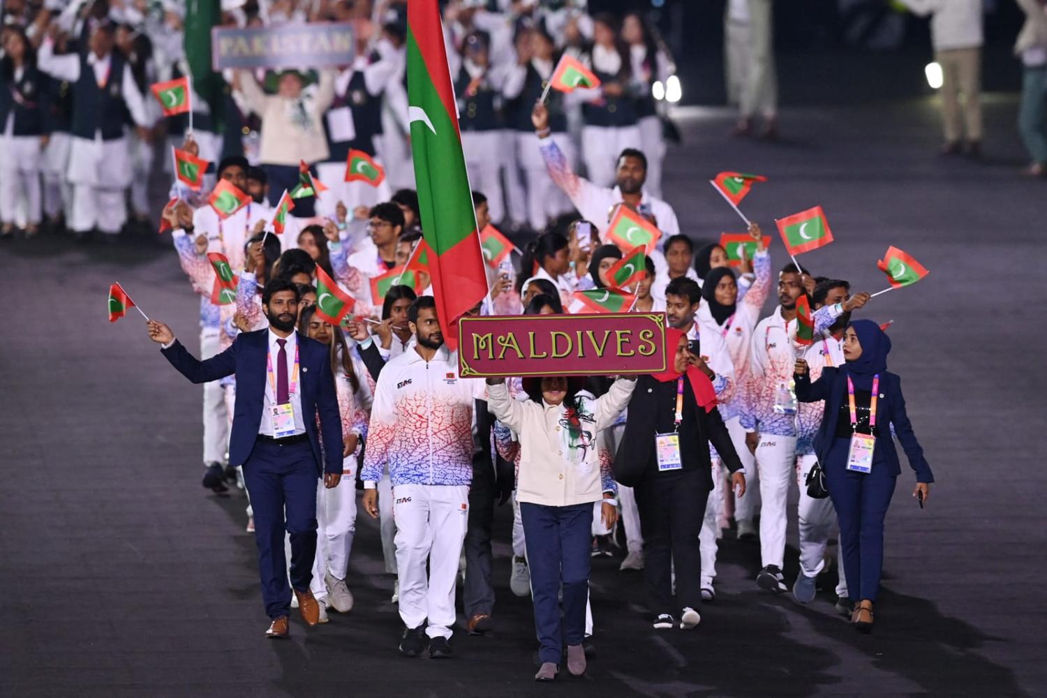 The team from the Maldives - an Indian Ocean archipelago of some 1200 islands and a population of around 500,000 people - at the opening ceremony for the 2022 Commonwealth Games (Glyn Kirk/AFP via Getty Images)