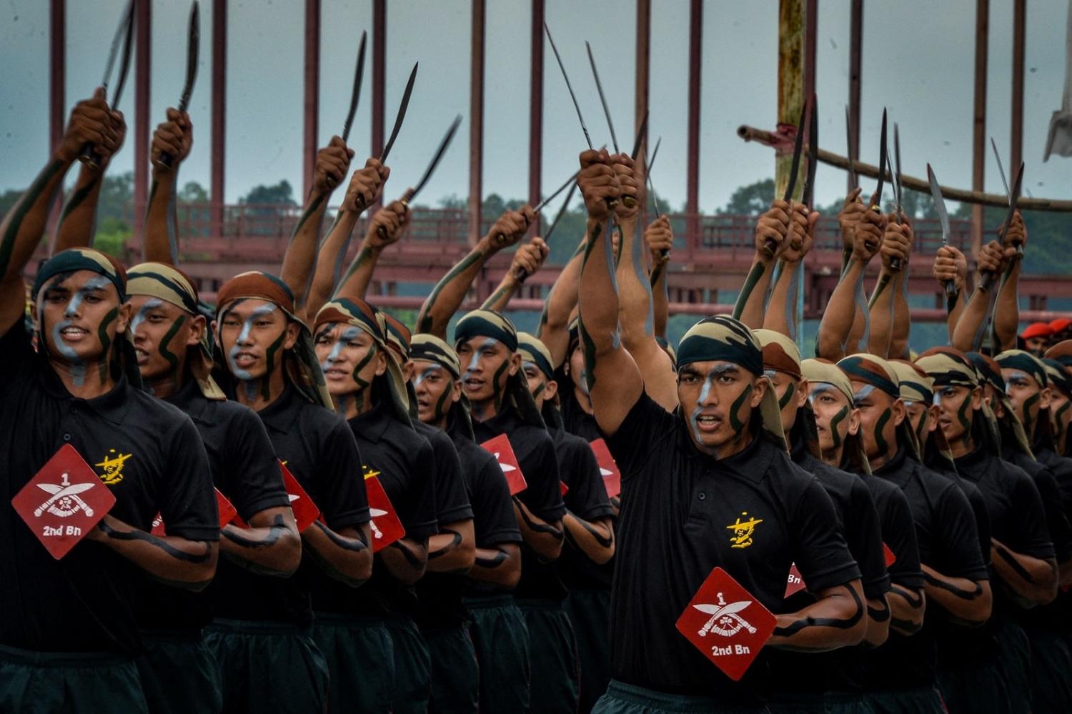 Armed personnel from Gorkha rifles take part in a Khukri (knife) dance as part of India's 75th Independence Day celebrations, 15 August 2021 (Diptendu Dutta/AFP via Getty Images)
