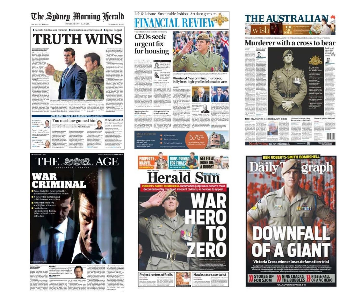 Newspaper front pages in Australia on 2 June reporting the outcome of the Ben Roberts-Smith defamation trial