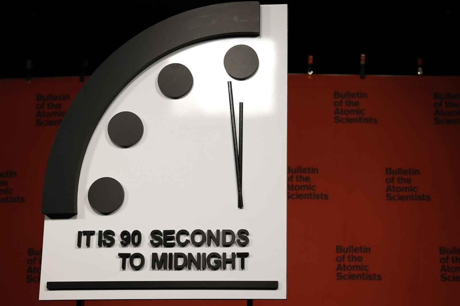 The 2023 Doomsday Clock is displayed before a live-streamed event with members of the Bulletin of the Atomic Scientists on 24 January 2023, Washington, DC (Anna Moneymaker/Getty Images)