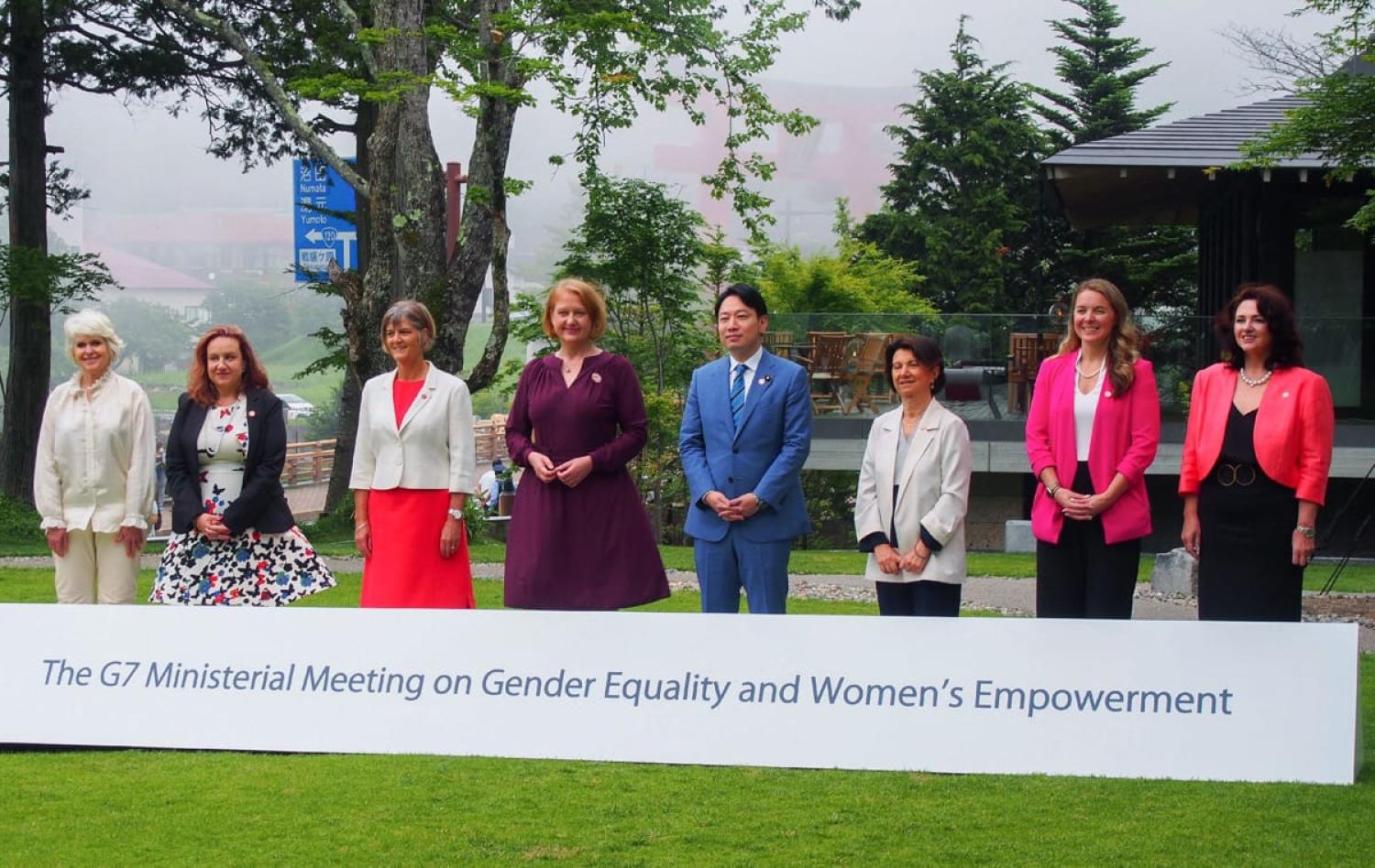 TIME magazine called it “an awkward photo-op”: Participants at the G7 Ministerial Meeting on Gender Equality and Women’s Empowerment (JIJI PRESS/AFP via Getty Images)