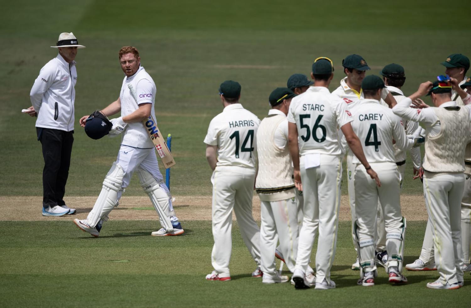 Jonny Bairstow of England walks off the pitch after being stumped by Alex Carey of Australia during the 5th day of the Ashes Test Match at Lord's Cricket Ground (Visionhaus/Getty Images)