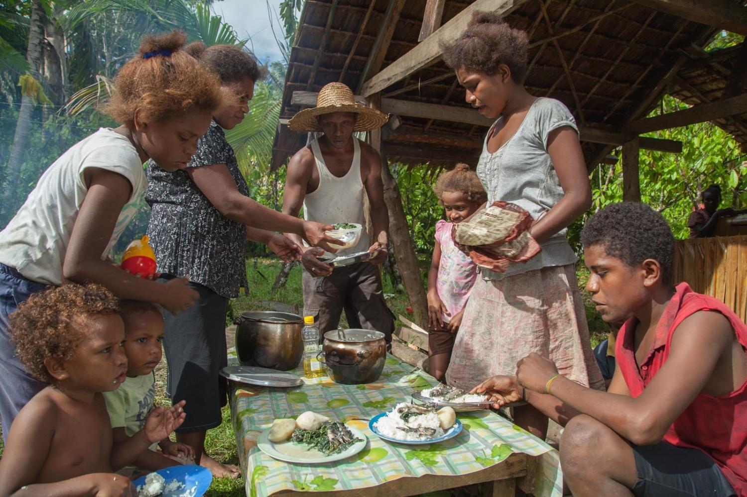 A family shares a meal of Mozambique tilapia, cabbage, potato and rice, Taflankwasa village, Malaita Province, Solomon Islands (Filip Milovac/WorldFish/Flickr)