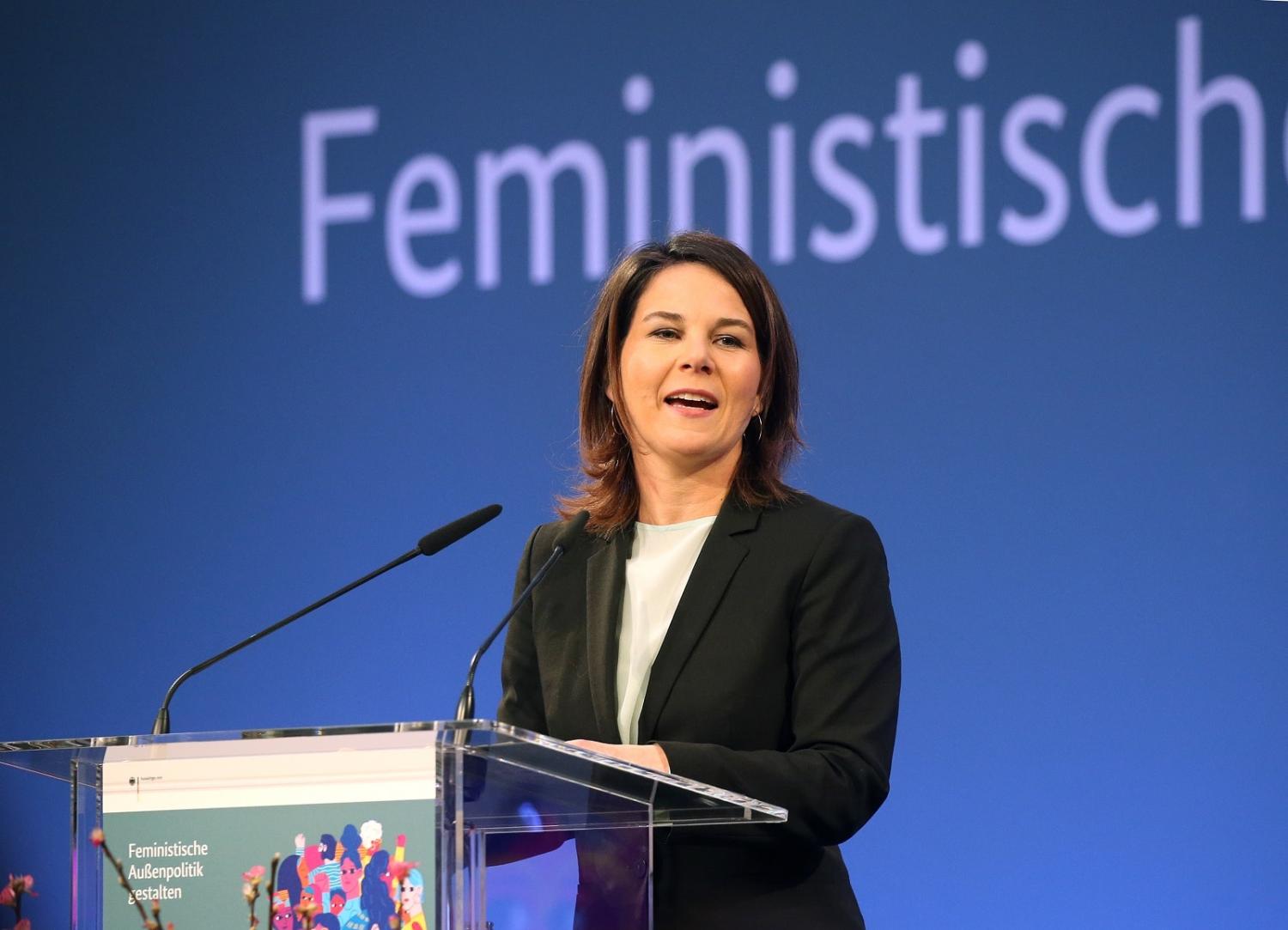 German Foreign Minister Annalena Baerbock gives a speech at the presentation of the Guidelines on Feminist Foreign Policy in the Weltsaal of the Federal Foreign Office, Berlin, 1 March 2023 (Wolfgang Kumm/picture alliance via Getty Images)