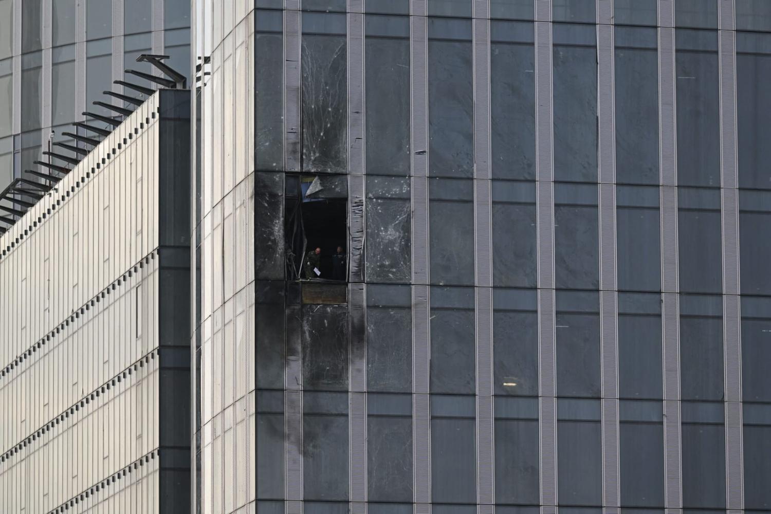 Damage to a building in the Moscow International Business Centre following a drone attack on 23 August (Natalia Kolesnikova/AFP via Getty Images)