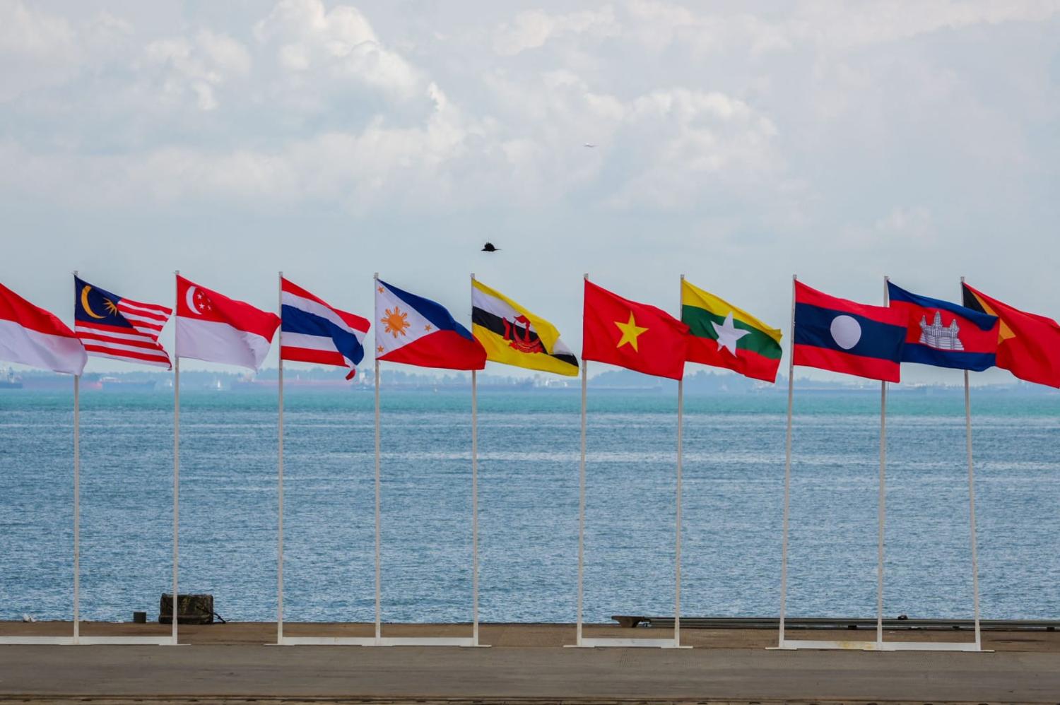 ASEAN flags are displayed at a naval base during the ASEAN Solidarity Exercise Natuna 2023 in Batam in the Riau Islands province, Indonesia (Bay Ismoyo/AFP via Getty Images)