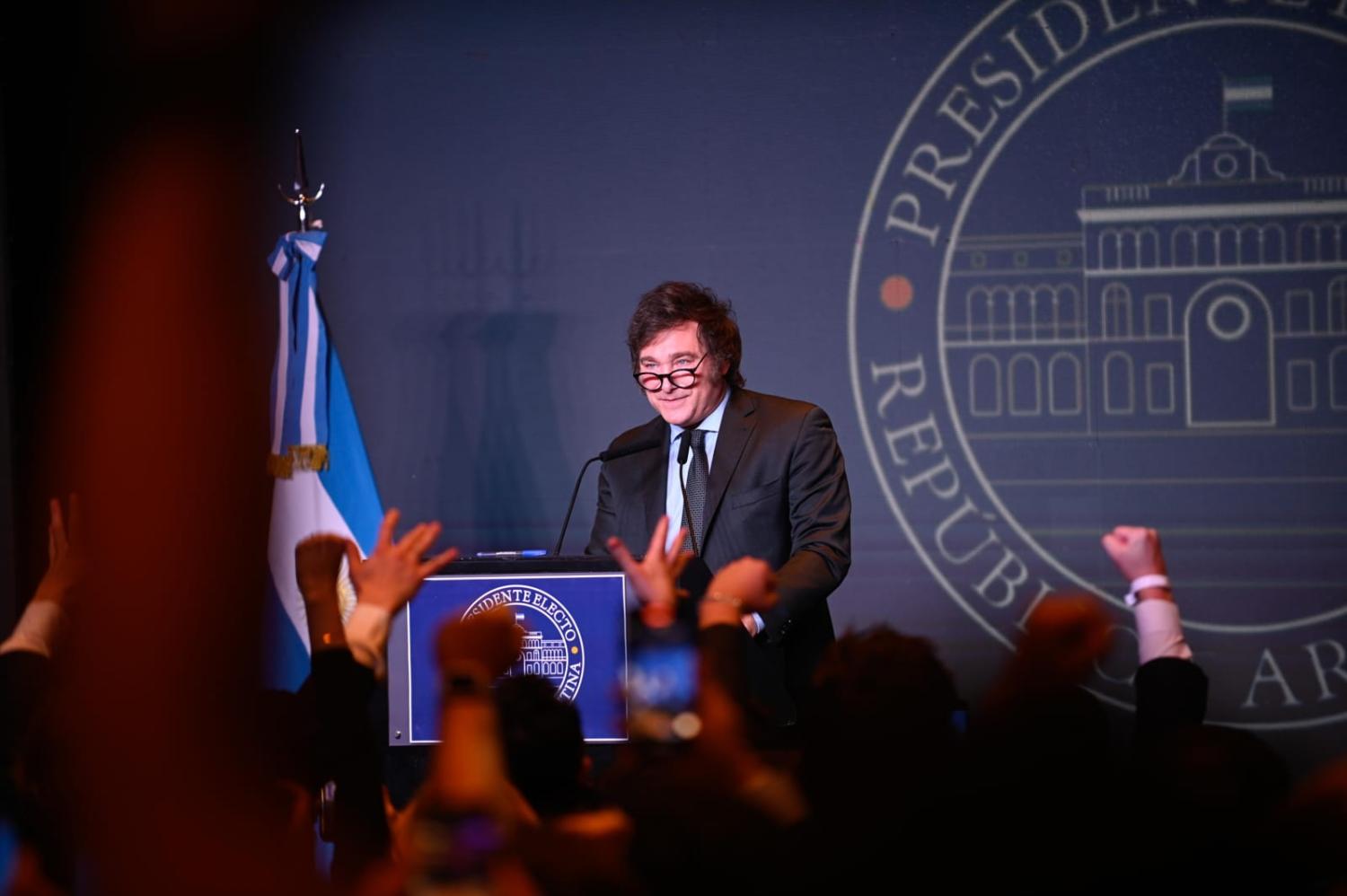 Javier Milei, president elect of Argentina, following his victory in the run-off election on 19 November (Igor Wagner via Getty Images)
