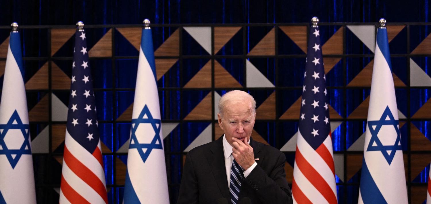 US President Joe Biden holds a press conference in Tel Aviv during a solidarity visit to Israel, 18 October 2023. (Getty Images/Brendan Smialowski)