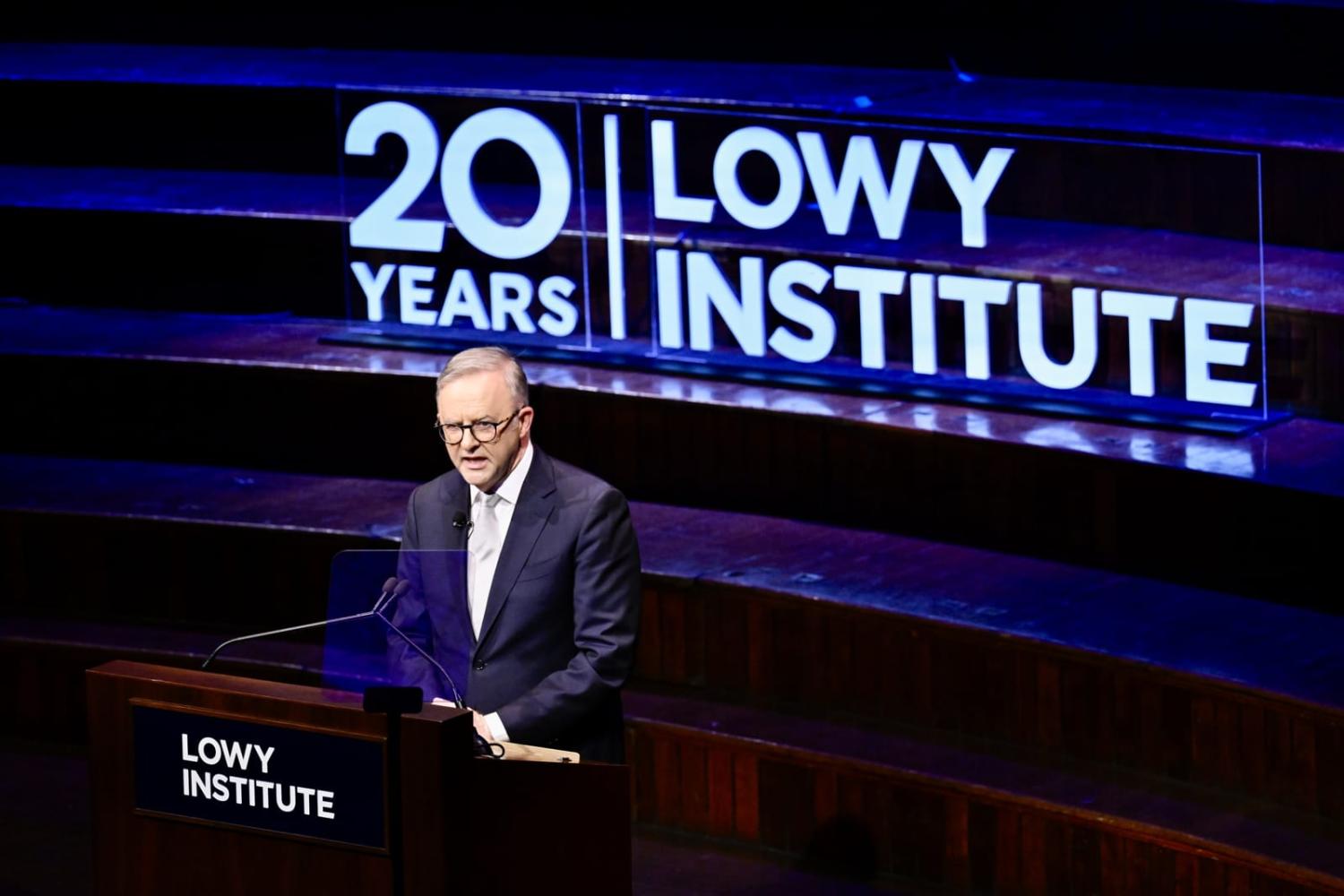 Prime Minister Anthony Albanese delivers the 2023 Lowy Lecture (Adam Hollingworth)