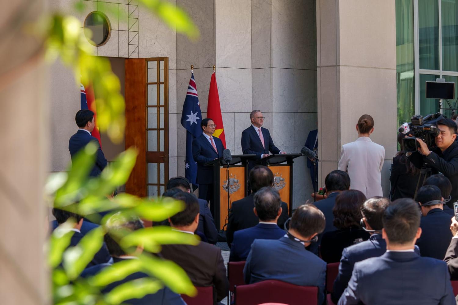 Australia’s Anthony Albanese and Vietnam’s Phạm Minh Chính address reporters following the signing of a comprehensive strategic partnership this month in Canberra (@AlboMP/X)