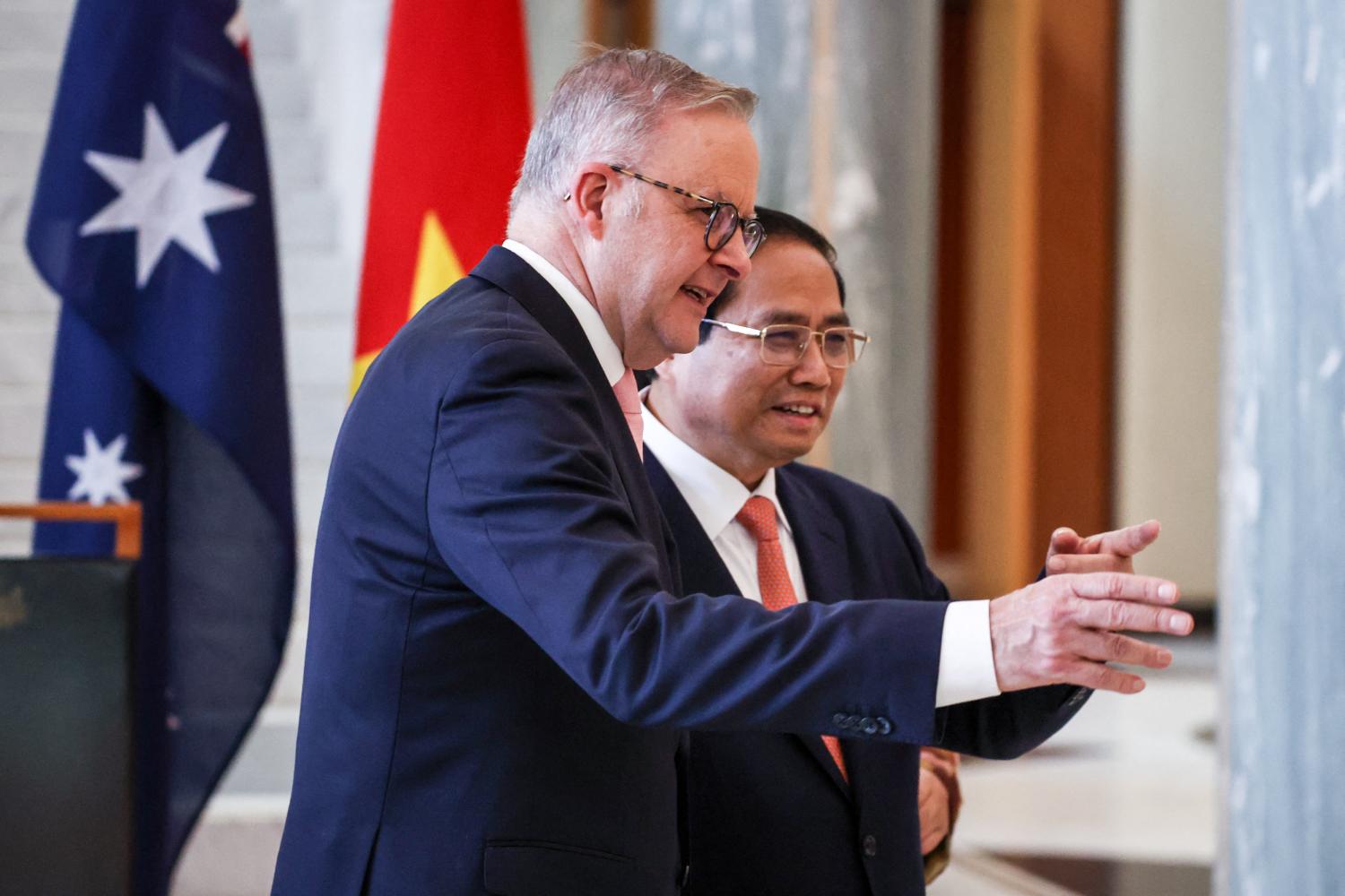 Vietnam Prime Minister Pham Minh Chinh talks with Australian Prime Minister Anthony Albanese during an official welcoming ceremony at Parliament House in Canberra on March 7, 2024. (Getty/David Gray)