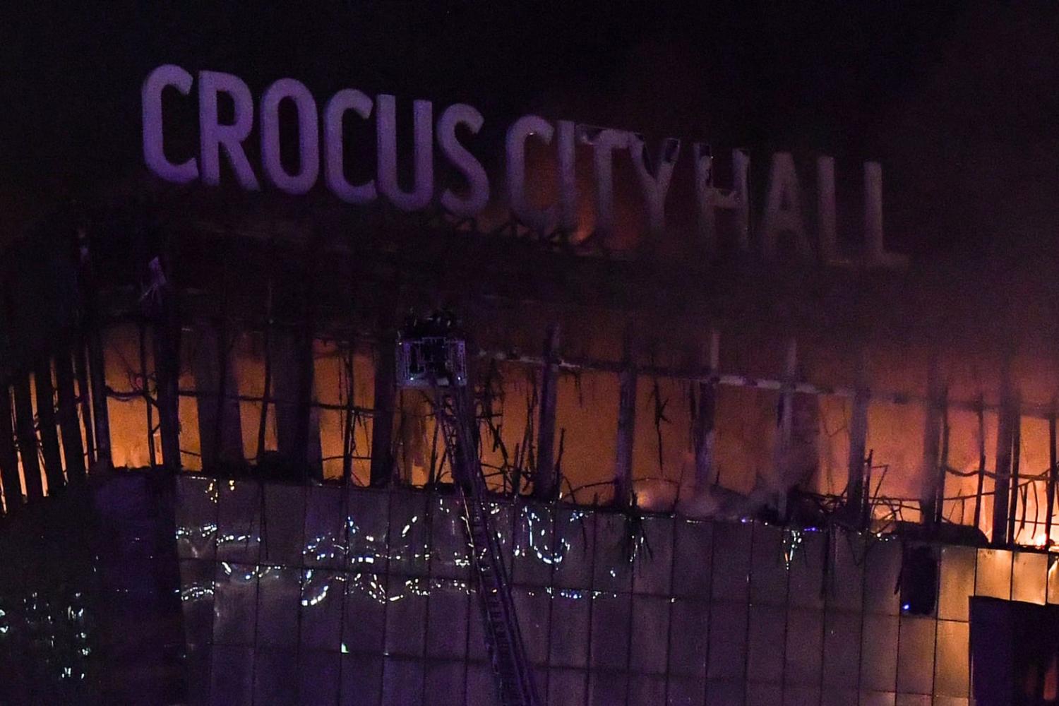 Fire engulfs the Crocus City Hall concert hall in the Moscow suburb Krasnogorsk following the terrorist rampage (Olga Maltseva/AFP via Getty Images)