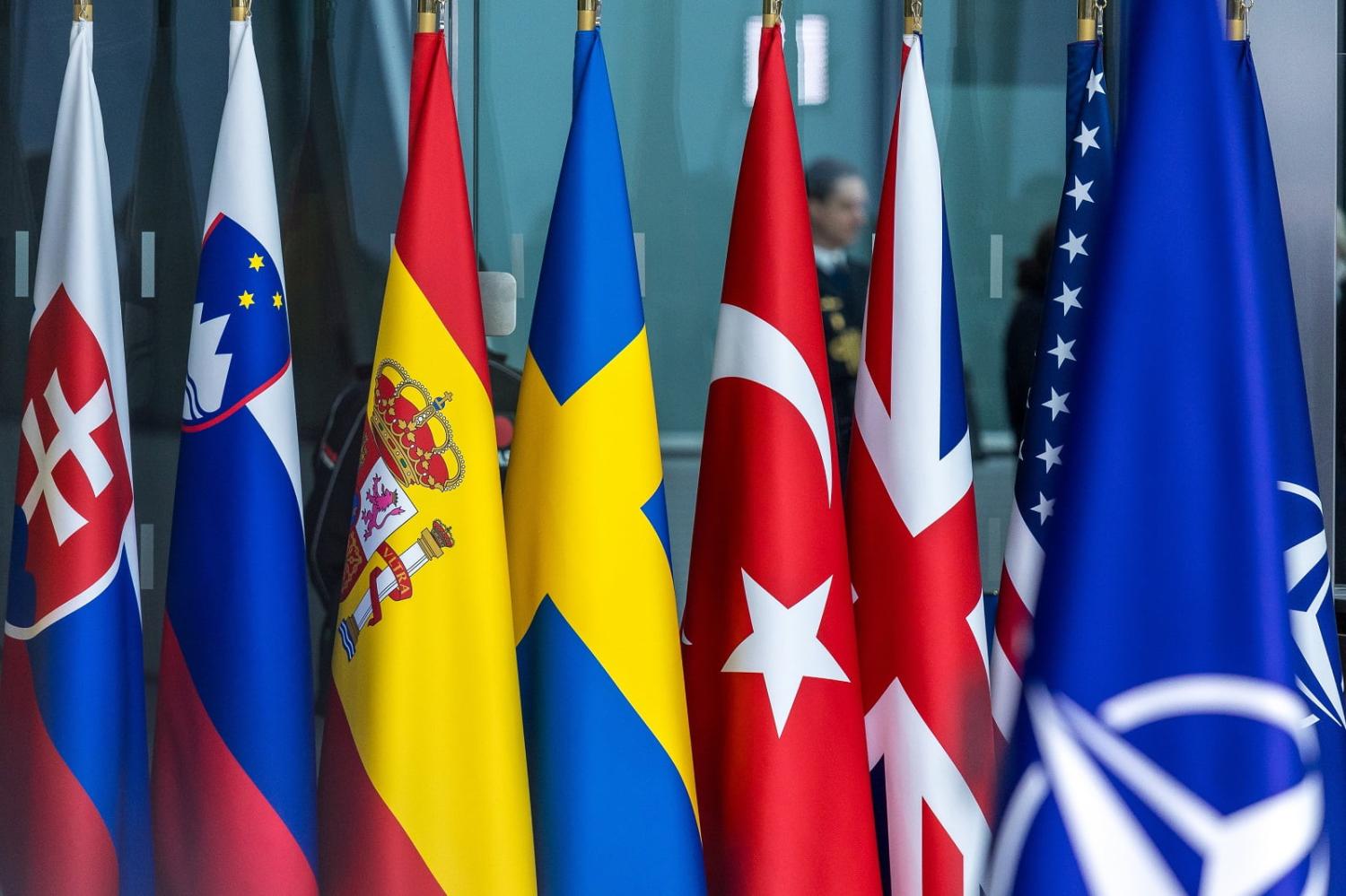 The flag of Sweden joins those of other NATO countries, marking Sweden's accession to NATO on 11 March 2024 in Brussels, Belgium (Omar Havana/Getty Images)