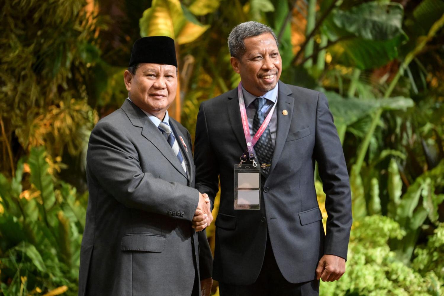 Prabowo Subianto, left, as Indonesian Defence Minister, meeting his Timorese counterpart Donaciano do Rosario da Costa Gomes last October at the ASEAN Defence Minister Meeting in Jakarta (Bay Ismoyo via AFP/Getty Images)