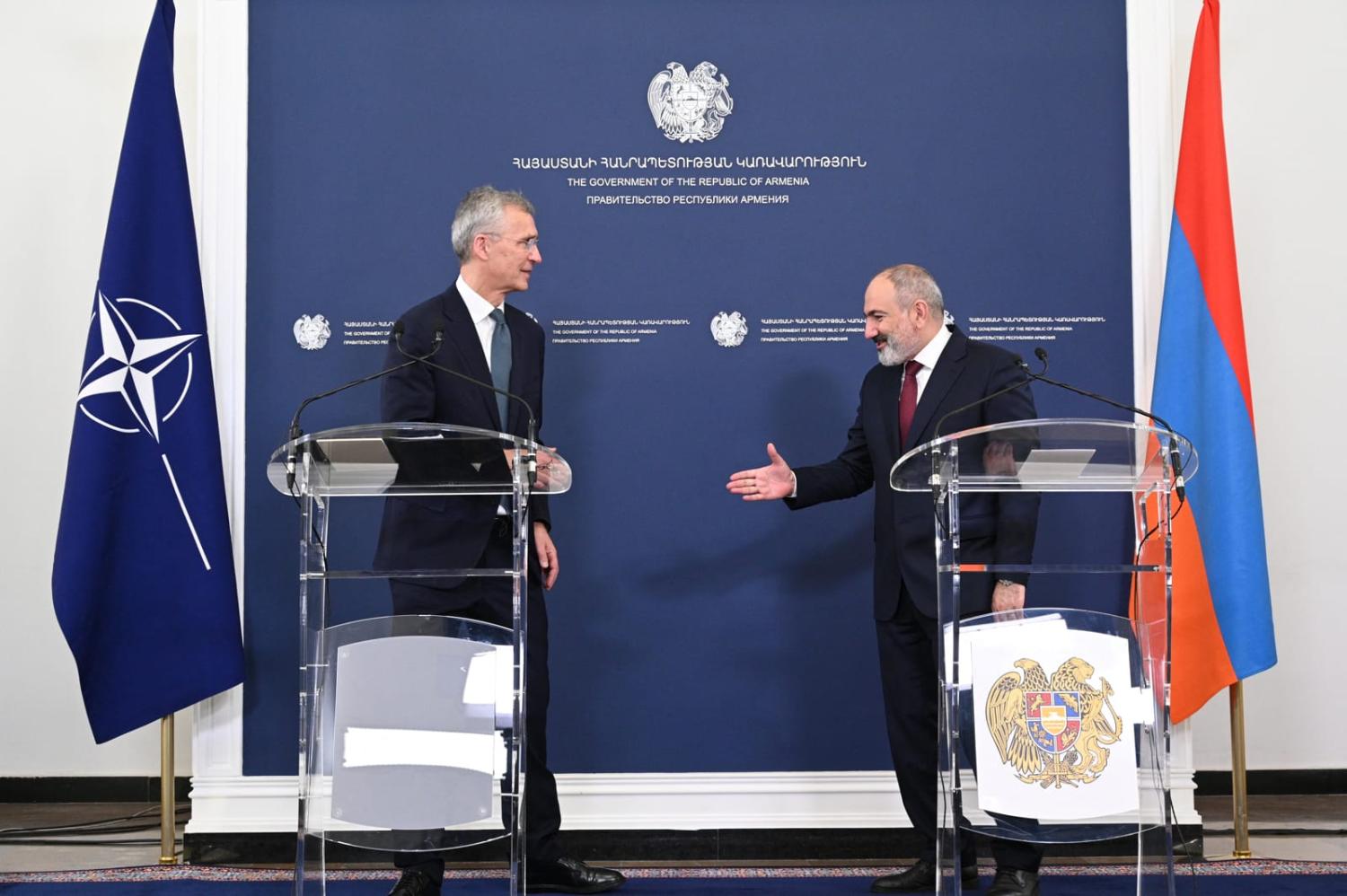 Armenian Prime Minister Nikol Pashinyan, right, and NATO Secretary General Jens Stoltenberg at a joint press conference in Yerevan last month (Karen Minasyan/AFP via Getty Images)