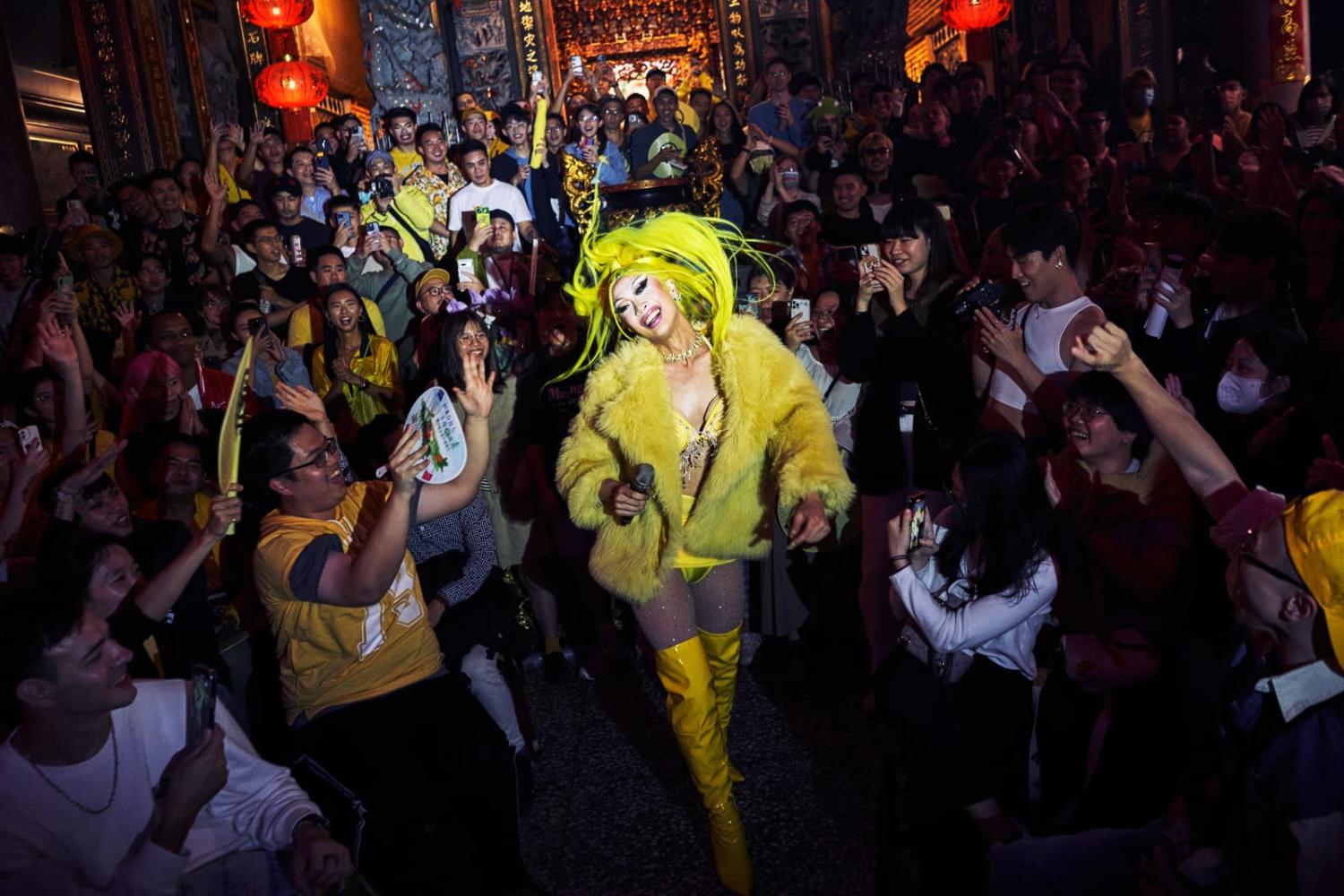 Nymphia Wind, winner of America’s Next Drag Superstar, performing at Fu Yong Gong temple in the Beitou District of Taipei last October (An Rong Xu/The Washington Post via Getty Images)