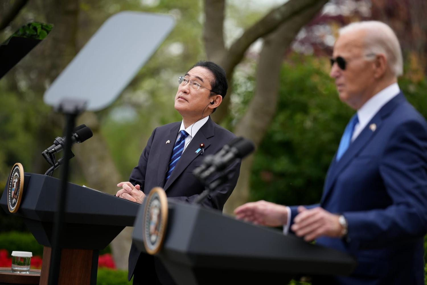Japanese Prime Minister Fumio Kishida alongside US President Joe Biden at the White House on 10 April (Andrew Harnik/Getty Images)