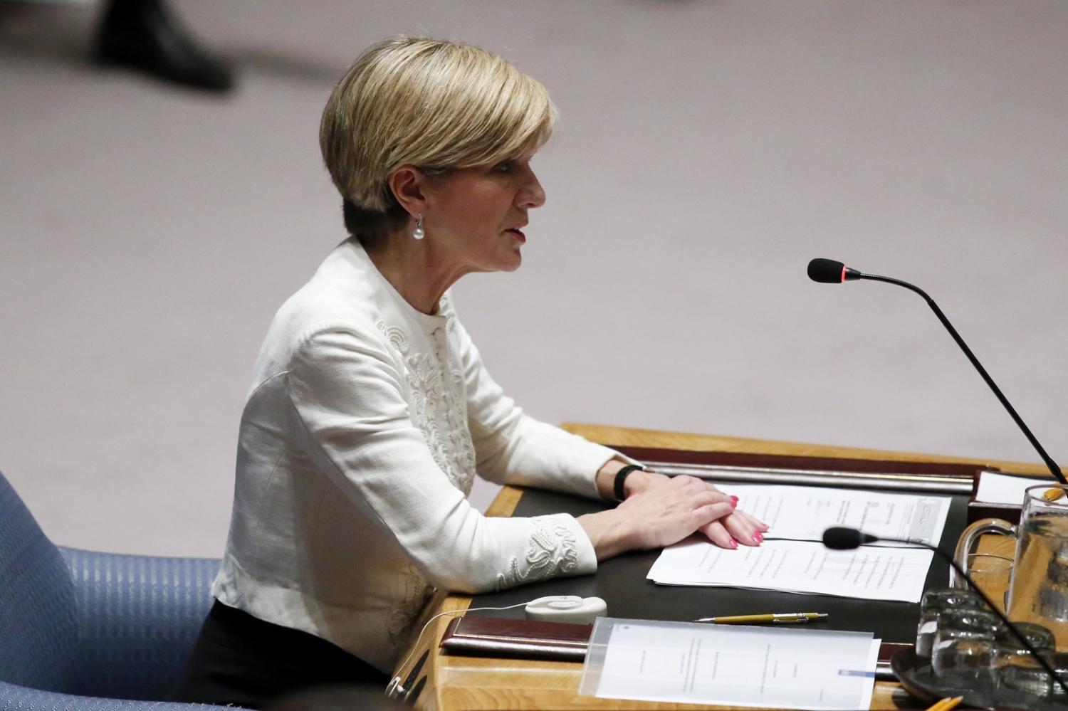 As then Australian foreign minister, Julie Bishop speaks before the vote on a draft resolution for establishing a tribunal to prosecute those responsible for the downing of flight MH17, UN Headquarters (Kena Betancur/AFP via Getty Images)