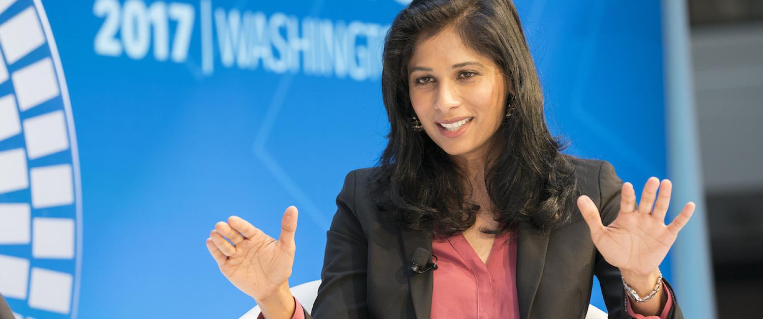 Gita Gopinath, newly appointed Chief Economist speaks at the IMF at the CNN Debate on Global Economy last year. (Photo: Stephen Jaffe via Flickr)