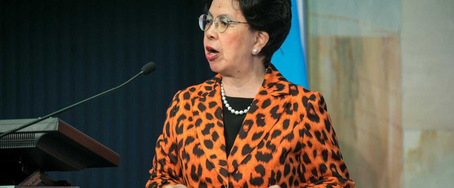 Outgoing WHO Director-General Margaret Chan speaking at a conference at the International Telecommunication Union in Switzerland, June 2017 (Photo: Flickr/ITU)