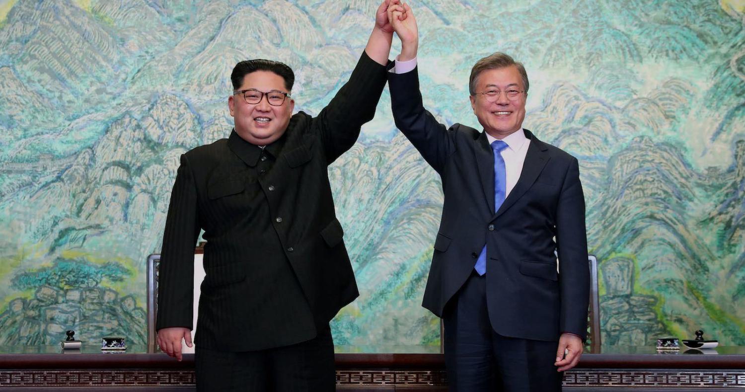 South Korea’s President Moon Jae-in (right) with North Korea’s Kim Jong-un in April (Photo: Republic of Korea/Flickr)