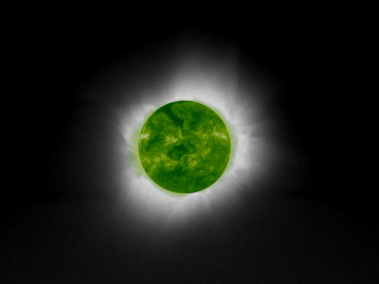 A photograph of a solar eclipse with data taken by the Extreme Ultraviolet Imaging Telescope instrument onboard the Solar and Heliospheric Observatory spacecraft (NASA Goddard Space Flight Centre/Flickr)