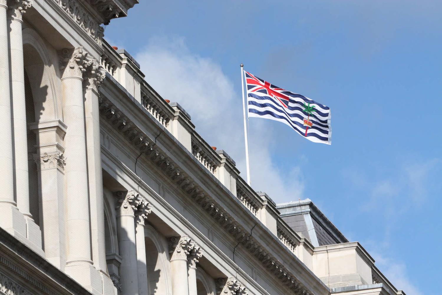 The flag of British Indian Ocean Territory, or BOIT, above the Foreign Office building in London (FCO/Flickr)