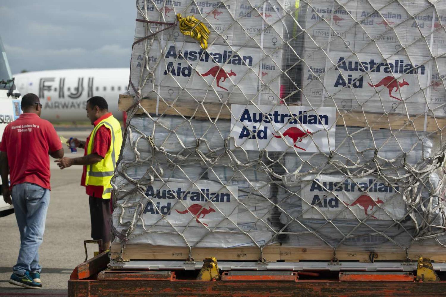 Offloading Australian humanitarian aid stores at Nadi airport, Fiji, in April (Department of Defence)