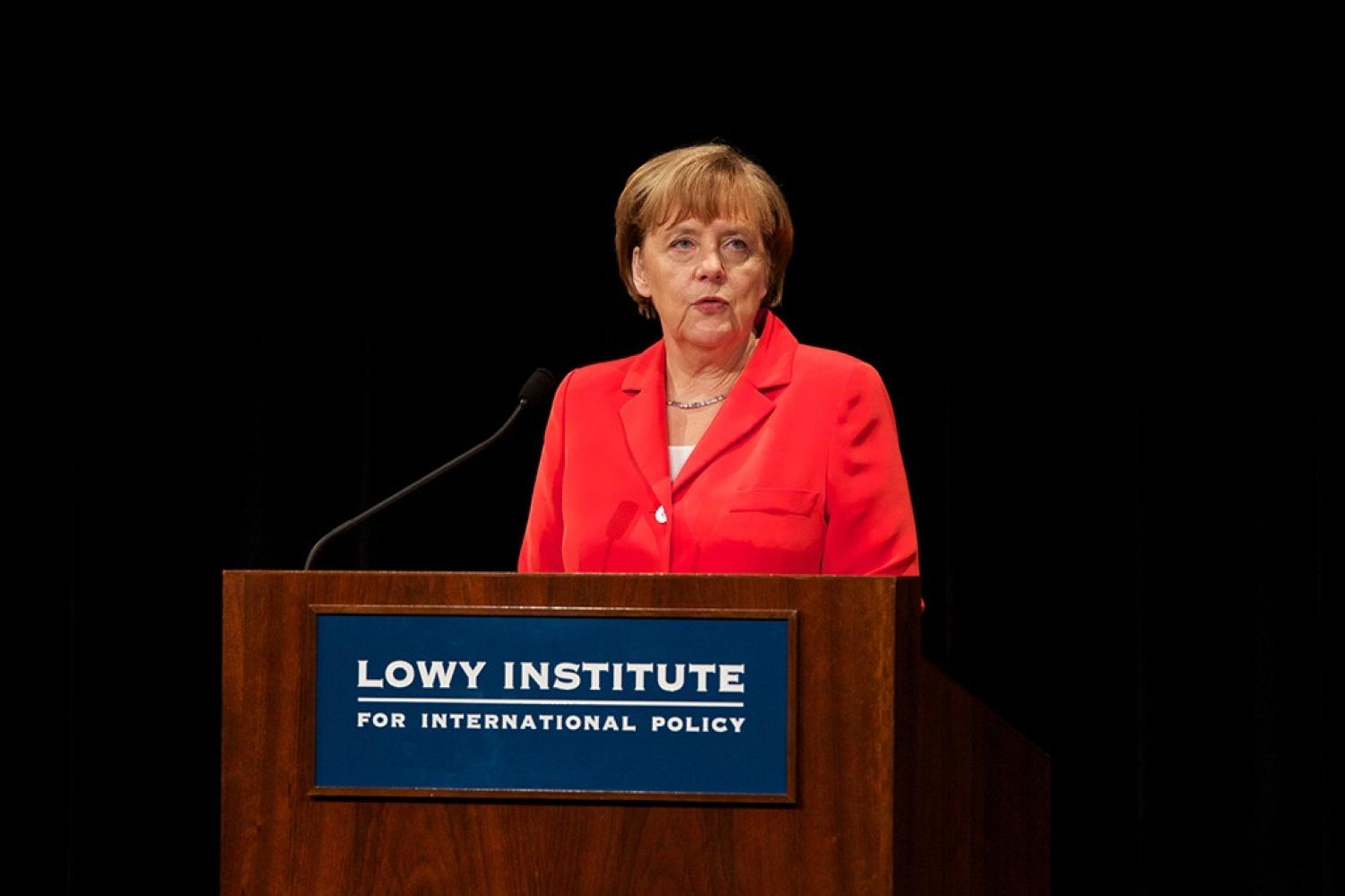 German Chancellor Angela Merkel speaks at the Lowy Institute for International Policy, Sydney, 17 November 2014 (Lisa Maree Williams/Getty Images)