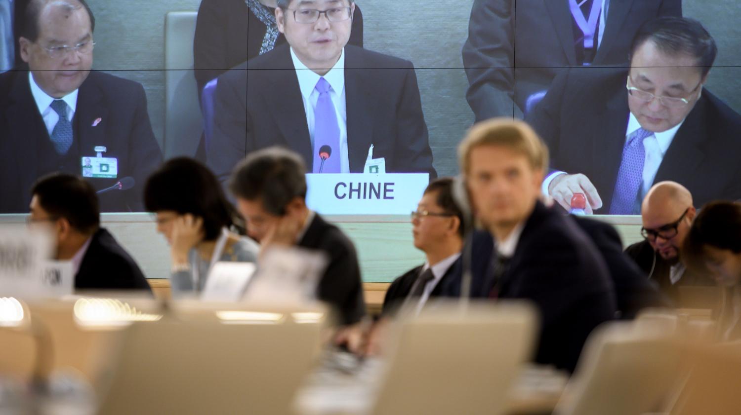 Chinese Vice Minister of Foreign Affairs Le Yucheng delivers a speech before the UN Human Rights Council prior to the Universal Periodic Review of China in Geneva (Getty/Fabrice Coffrini)