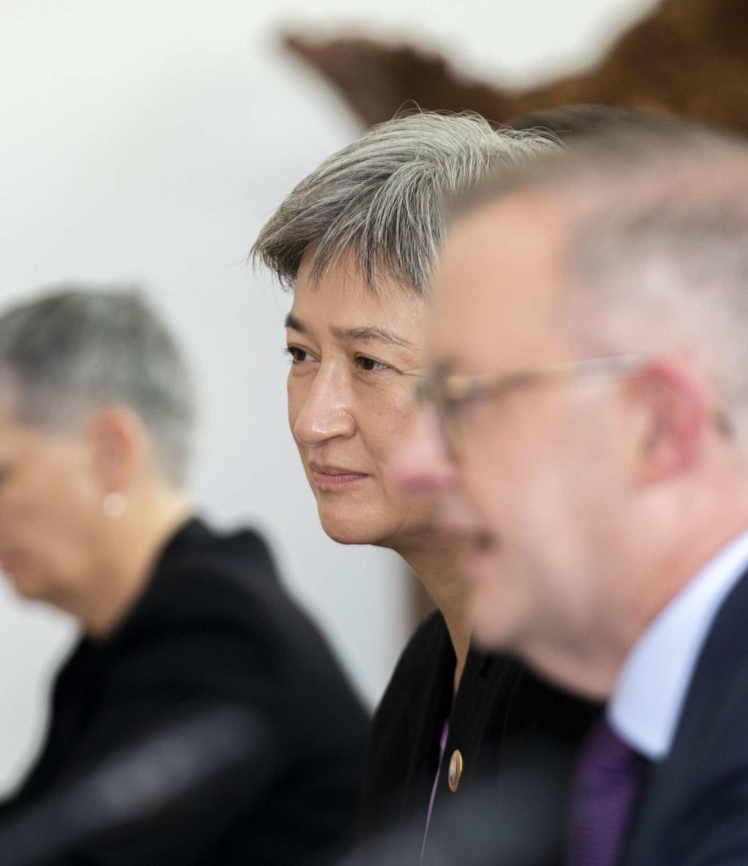 Foreign Minister Penny Wong with Prime Minister Anthony Albanese during a leaders meeting with Indonesian counterparts Joko Widodo and Retno Marsudi (@SenatorWong/Twitter)