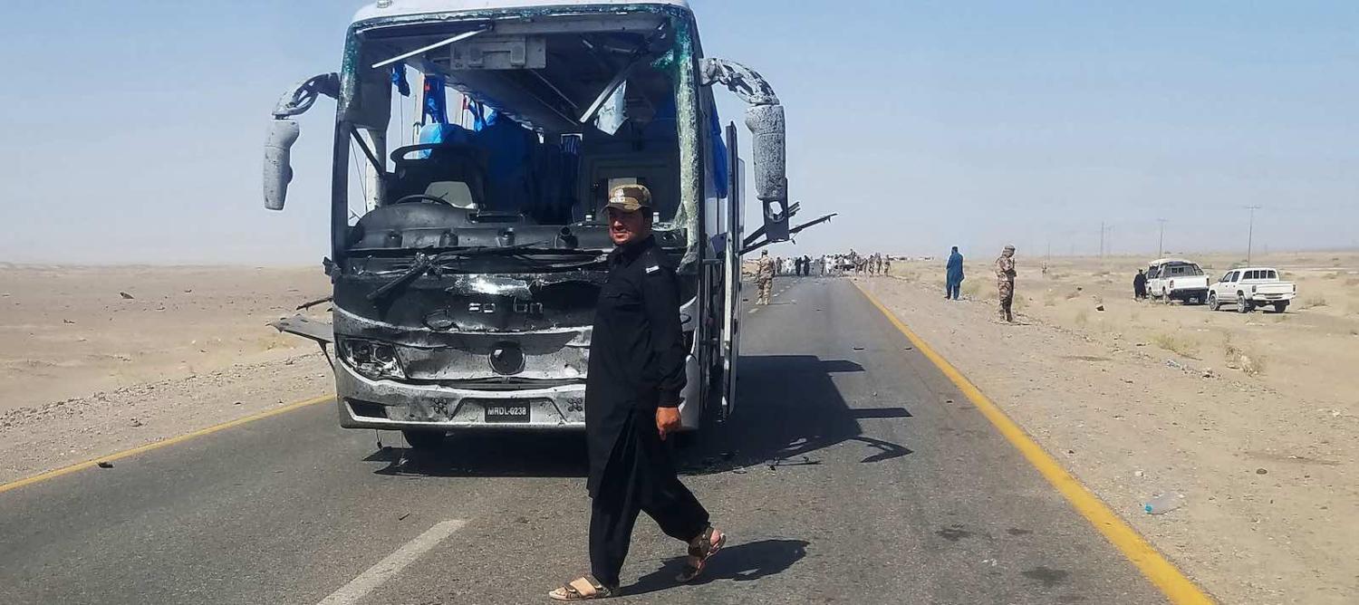 The aftermath of a 11 August suicide attack on a bus carrying Chinese engineers in Dalbandin region, Balochistan province in Pakistan (Photo: Ali Raza/Getty)