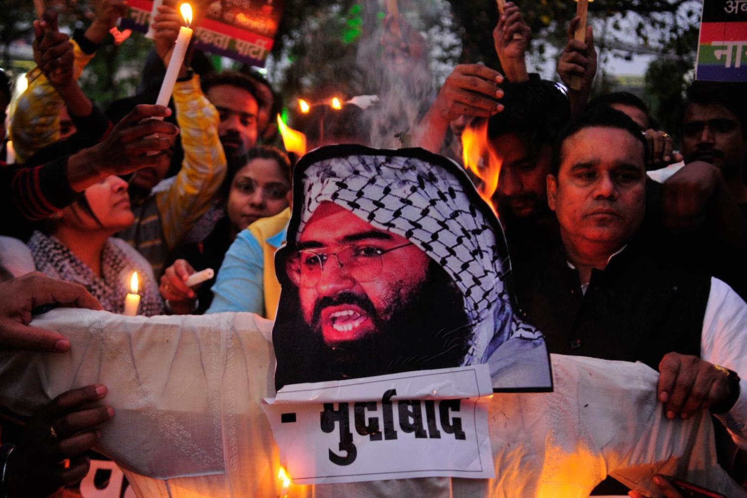 Demonstrators in India burn an effigy of Jaish-e-Mohammed leader Masood Azhar in February (Photo: Deepak Gupta via Getty)