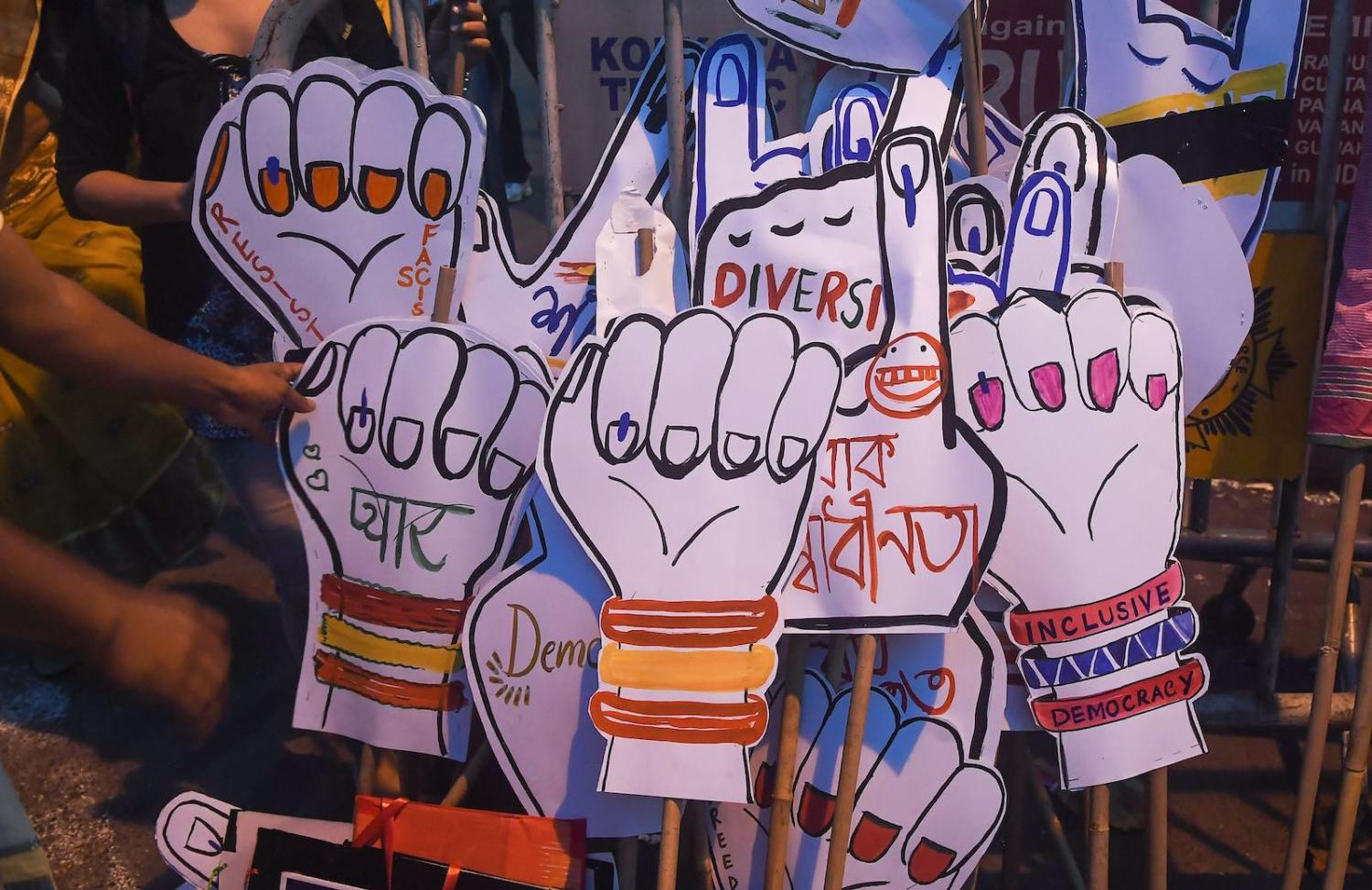Women and LGBTQI activists rally to create awareness among Indian voters (Photo: Dibyangshu Sarkar via Getty)