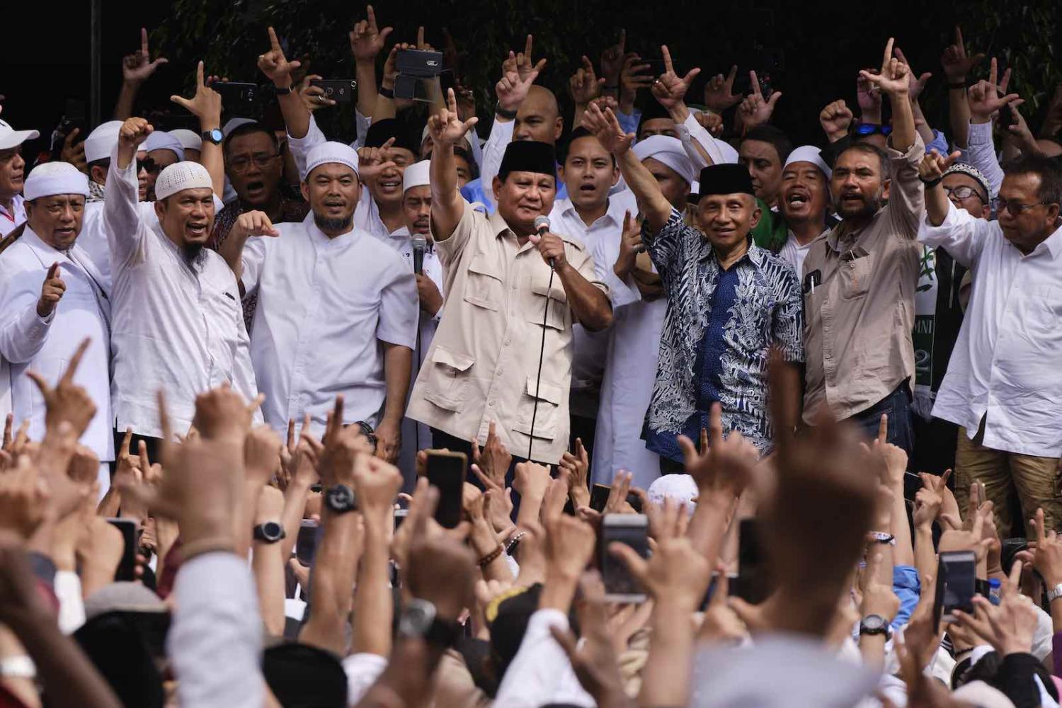 Presidential candidate Prabowo Subianto (centre) speaks to supporters in Jakarta after the general election in April 2019, which he eventually lost to incumbent Joko Widodo (Photo: Ed Wray/Getty Images)
