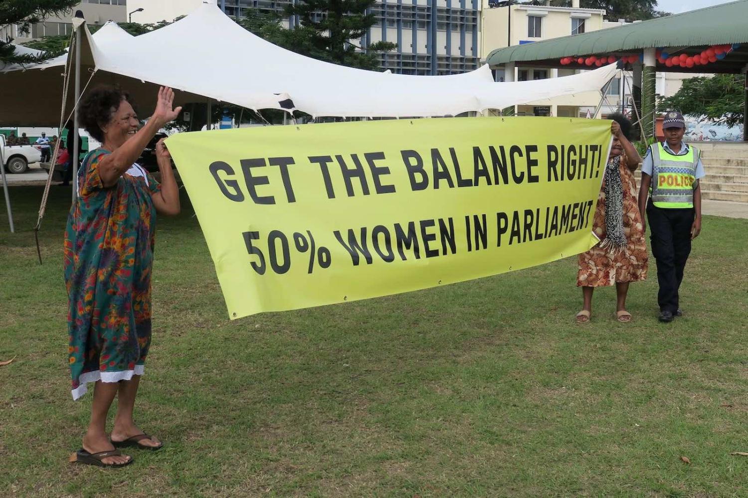 Highlighting a demand for equal representation in Vanuatu’s parliament during a visit by United Nations Secretary-General Antonio Guterres in 2019 (Ben Bohane/AFP via Getty Images)