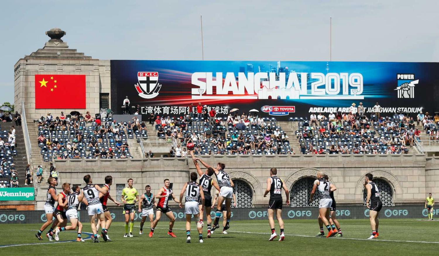 The 2 June 2019 AFL round 11 match between the St Kilda Saints and the Port Adelaide Power at Jiangwan Stadium, Shanghai, China (Michael Willson/AFL Photos via Getty Images)