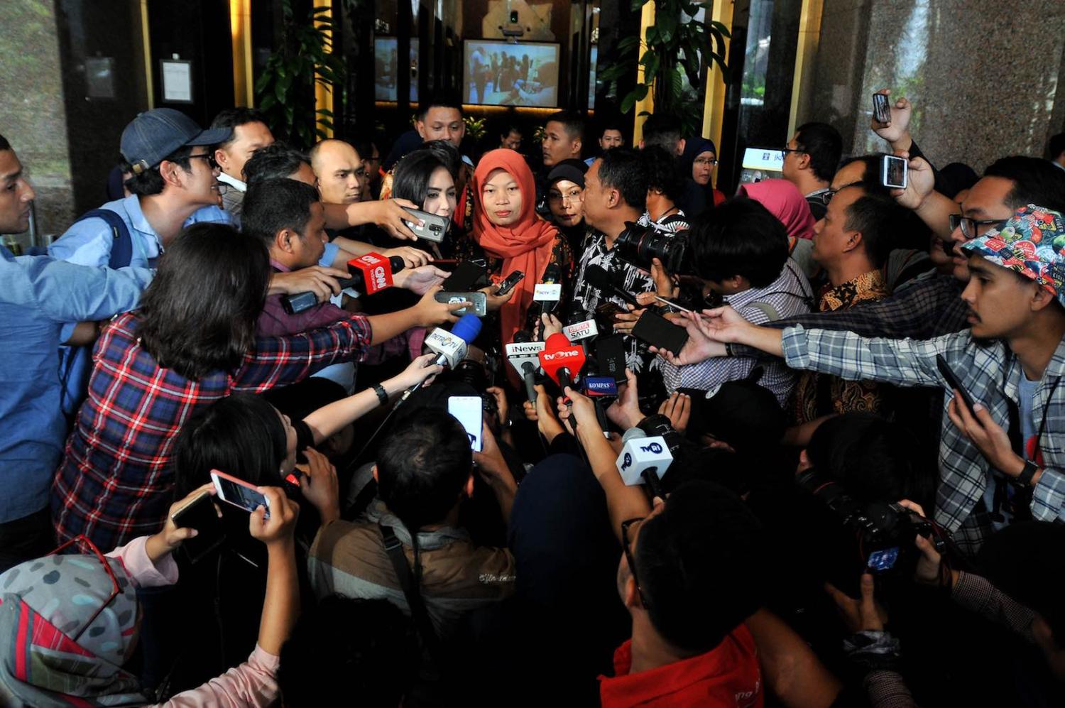 Baiq Nuril following a meeting with Indonesia’s Minister of Law and Human Rights Yasonna Laoly last month (Photo: Dasril Roszandi via Getty)