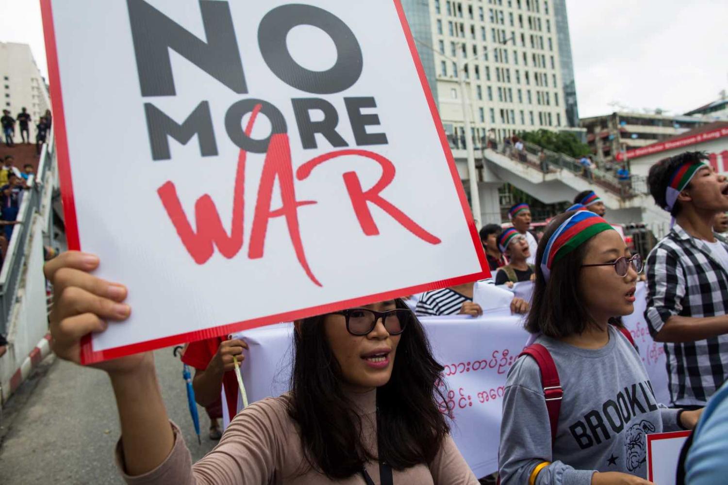 Ethnic Chin protesters in Yangon call for an end to fighting between the Myanmar military and the Arakan Army, July 2019 (Photo: Sai Aung Main via Getty)