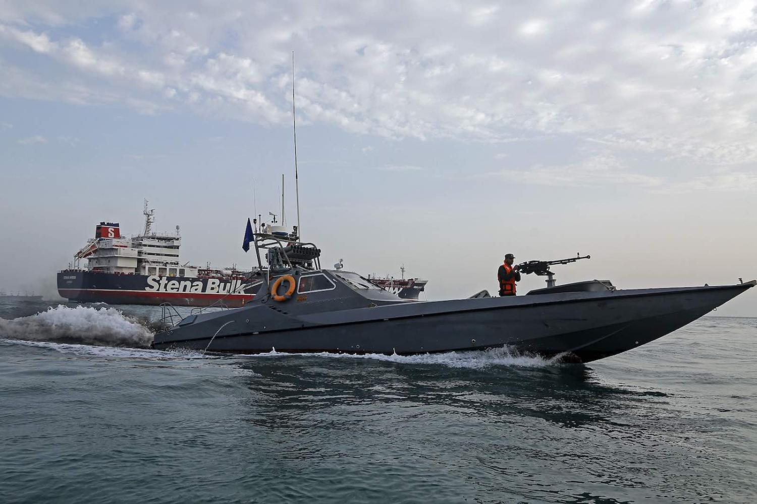 Iranian Revolutionary Guards patrol around the British-flagged tanker Stena Impero anchored off the Iranian port city of Bandar Abbas (Photo: Hasan Shirvani via Getty)