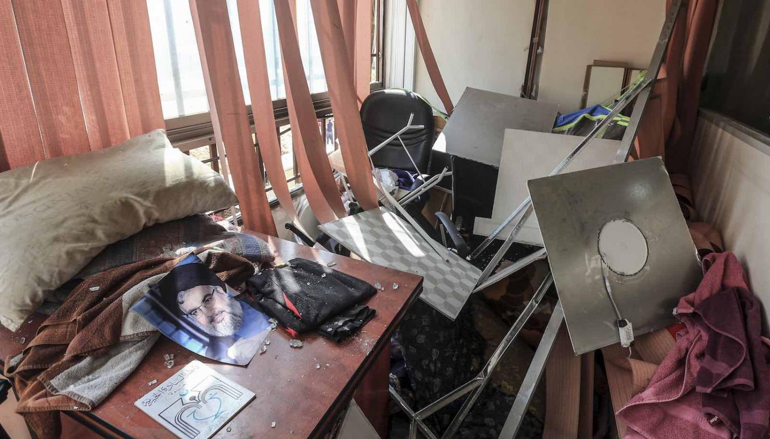 Damage inside a Hezbollah media office in Beirut, after an alleged Israeli drone exploded near the building, 25 August 2019 (Photo: STR/Picture Alliance via Getty Images)