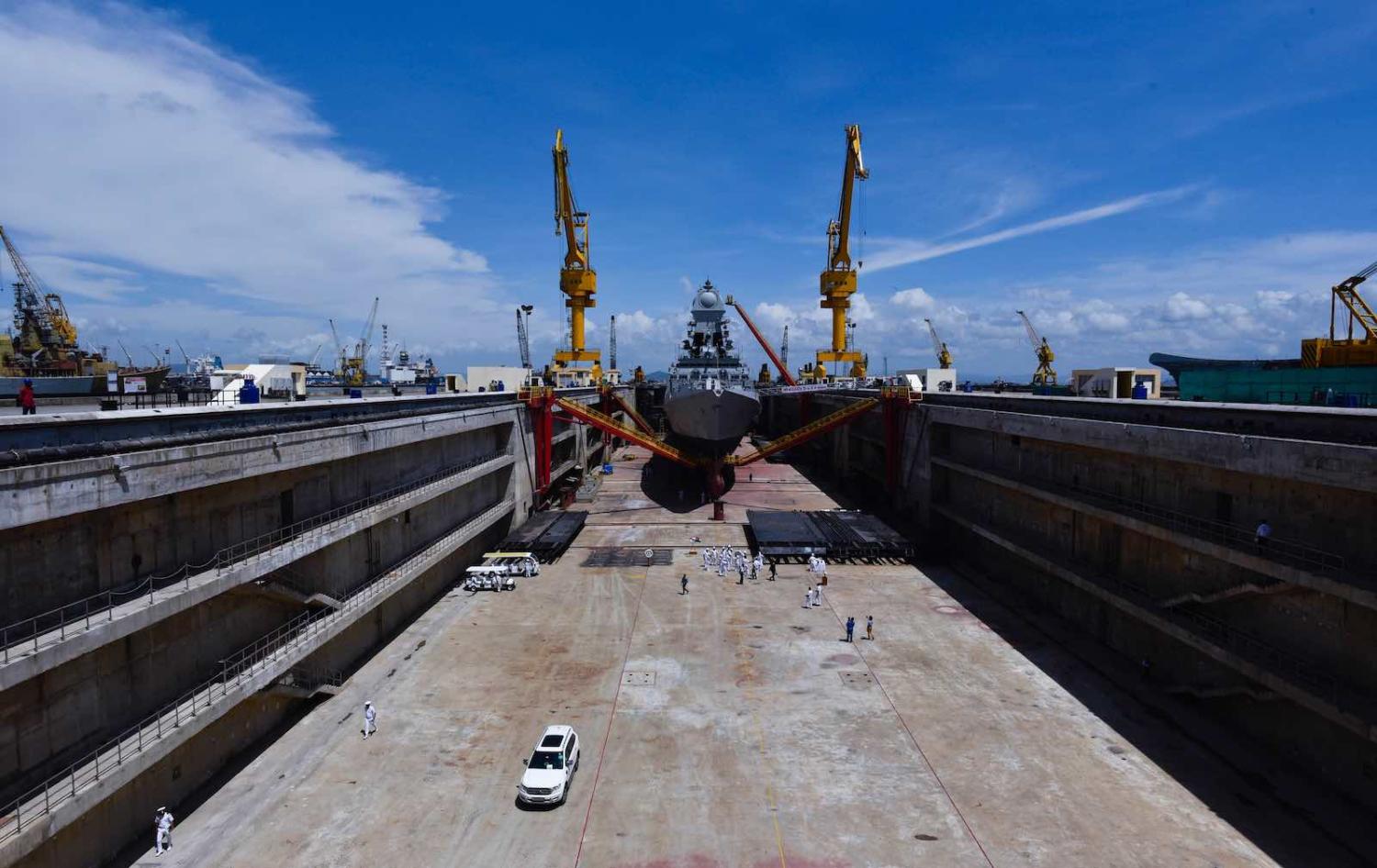 The inauguration of Aircraft Carrier Dry Dock, capable of accommodating INS Vikramaditya, at the Naval Dockyard in Mumbai, 28 September 2019 (Photo: Anshuman Poyrekar/Hindustan Times via Getty)