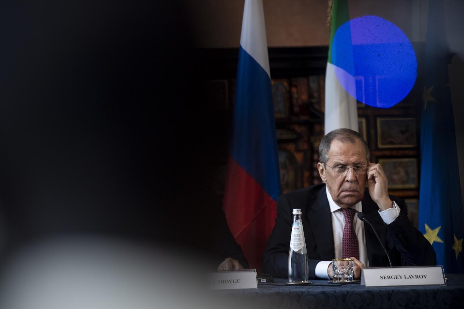 Russian Foreign Minister Sergei Lavrov at a press conference in Rome, February 2020 (Antonio Masiello/Getty Images)