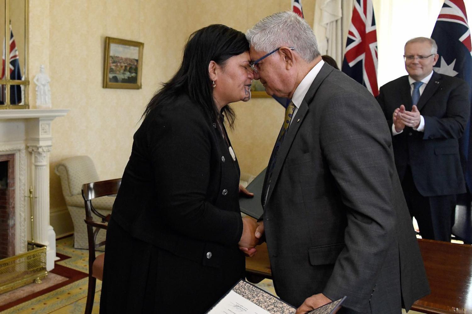 New Zealand’s Nanaia Mahuta, before becoming Foreign Minister, on a trip to Australia in February 2020 greeting Minister for Indigenous Australians Ken Wyatt (Bianca De Marchi/AFP via Getty Images)